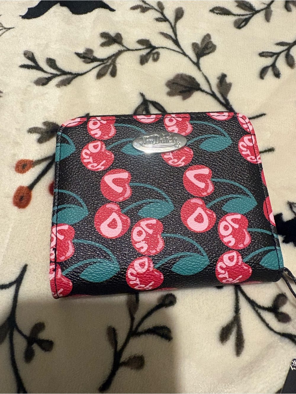 Von Dutch Black Cherry Print Zip Wallet with Pink and Teal Accents